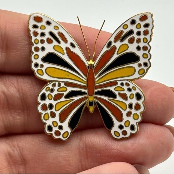 Jewelry - Small Gold Tone Butterfly Brooch White, Black and Orange Nature Beautiful